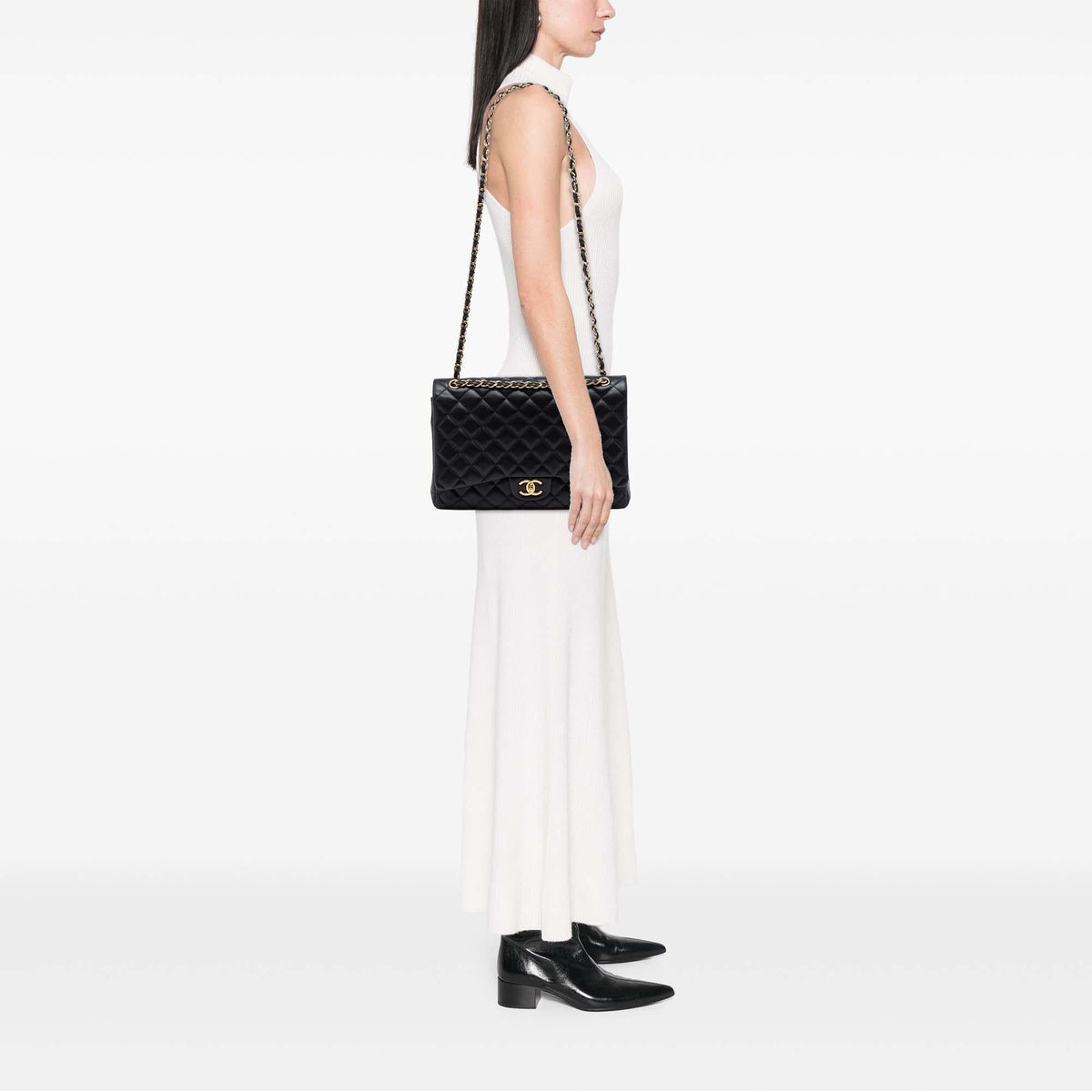 Chanel Maxi Classic Lambskin Double Flap Shoulder Bag - Black