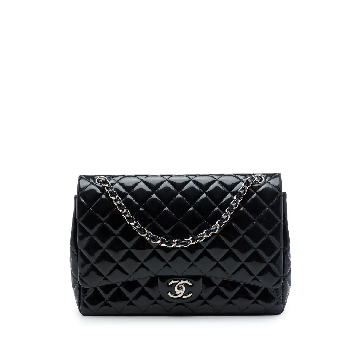Chanel Maxi Classic Patent Double Flap Shoulder Bag - Black