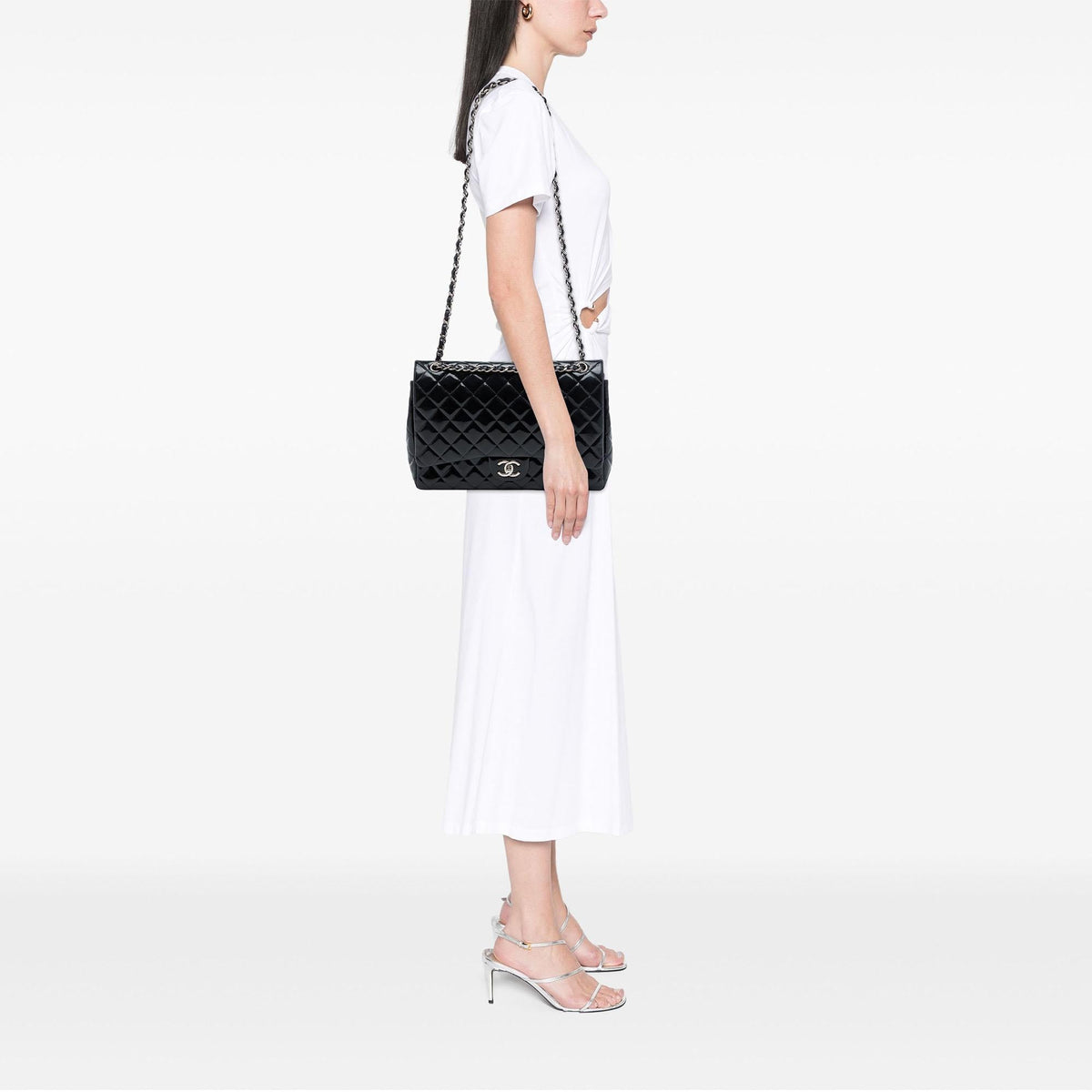 Chanel Maxi Classic Patent Double Flap Shoulder Bag - Black