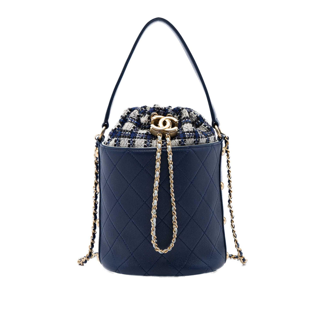 Chanel Medium CC Calfskin and Tweed Drawstring Bucket Bag - Blue