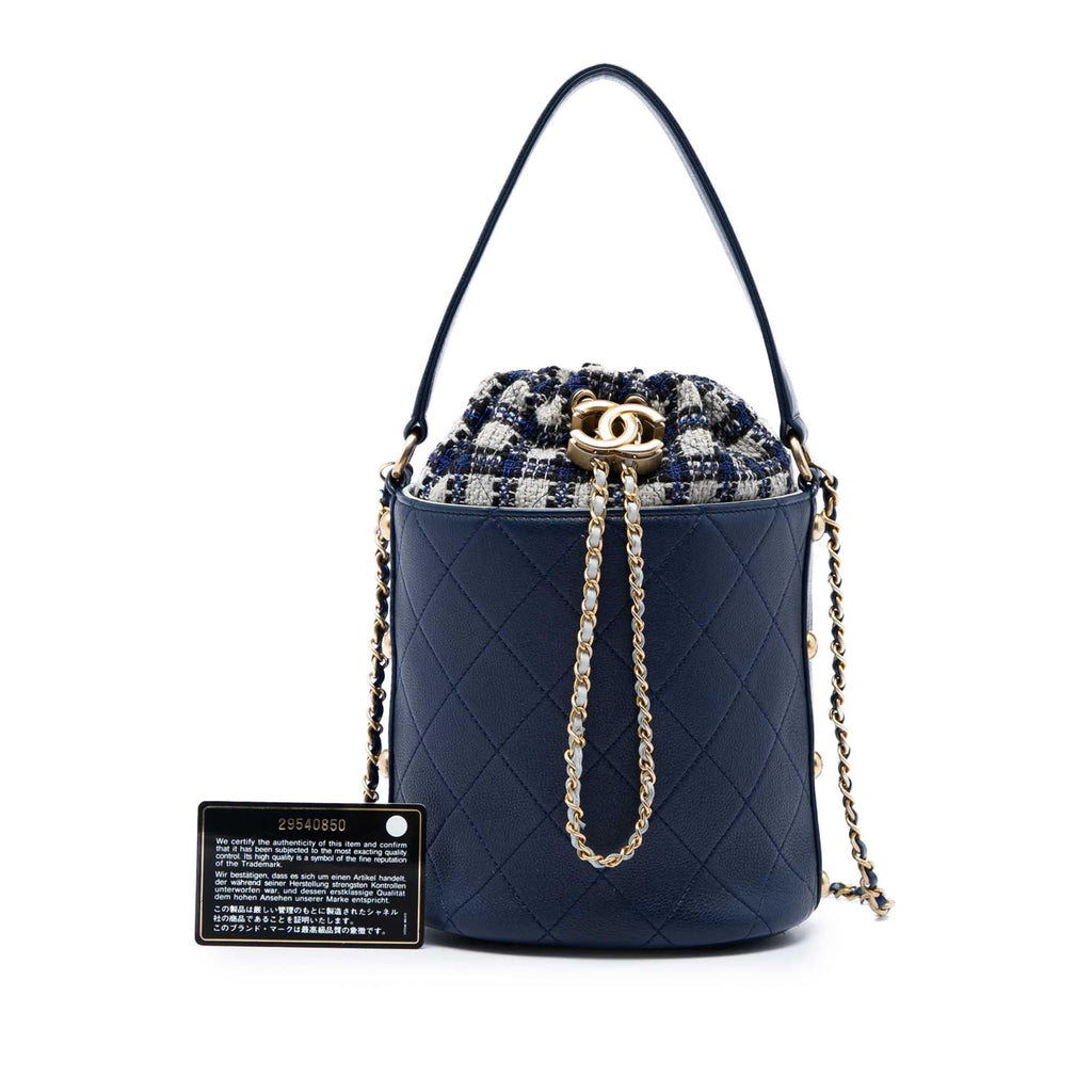 Chanel Medium CC Calfskin and Tweed Drawstring Bucket Bag - Blue