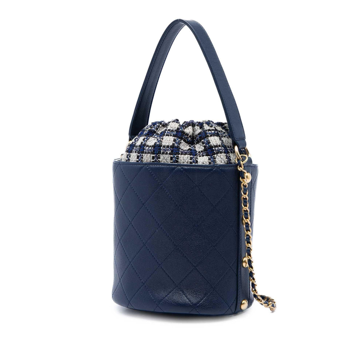 Chanel Medium CC Calfskin and Tweed Drawstring Bucket Bag - Blue