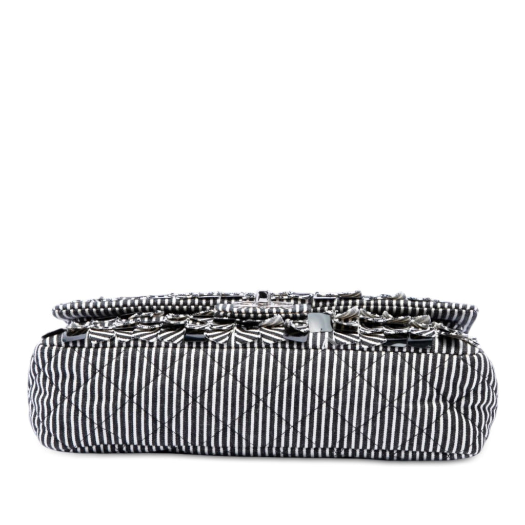 Chanel Medium Classic Canvas Sequin Stripes Double Flap Shoulder Bag - Black
