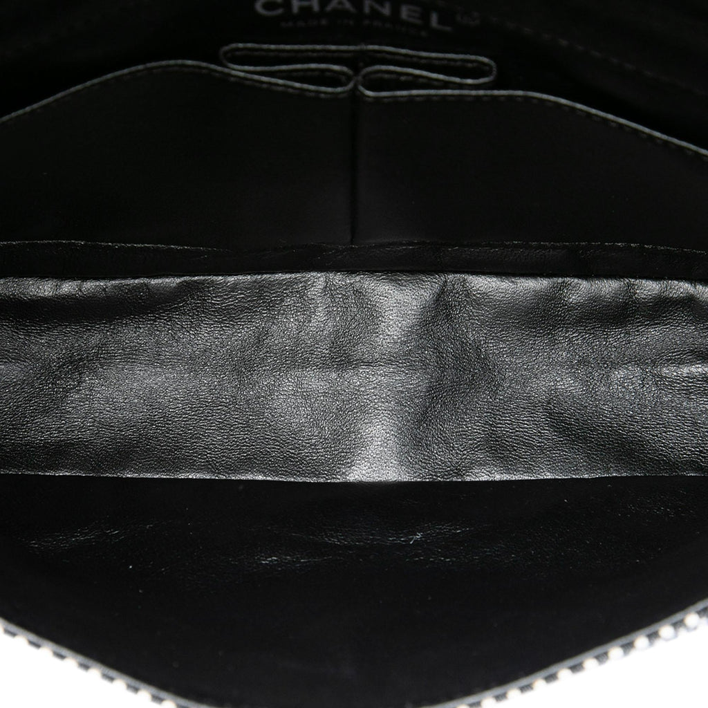 Chanel Medium Classic Canvas Sequin Stripes Double Flap Shoulder Bag - Black
