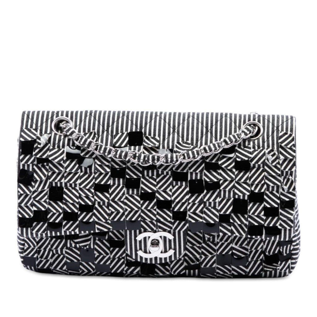 Chanel Medium Classic Canvas Sequin Stripes Double Flap Shoulder Bag - Black