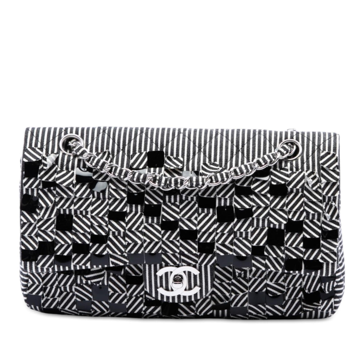 Chanel Medium Classic Canvas Sequin Stripes Double Flap Shoulder Bag - Black