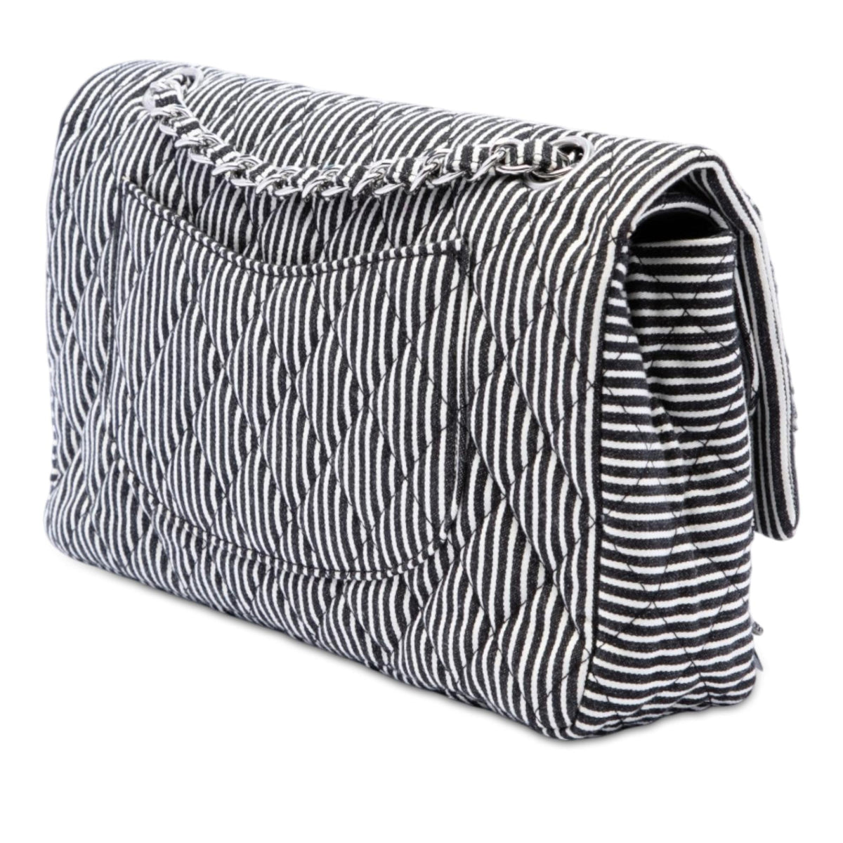Chanel Medium Classic Canvas Sequin Stripes Double Flap Shoulder Bag - Black