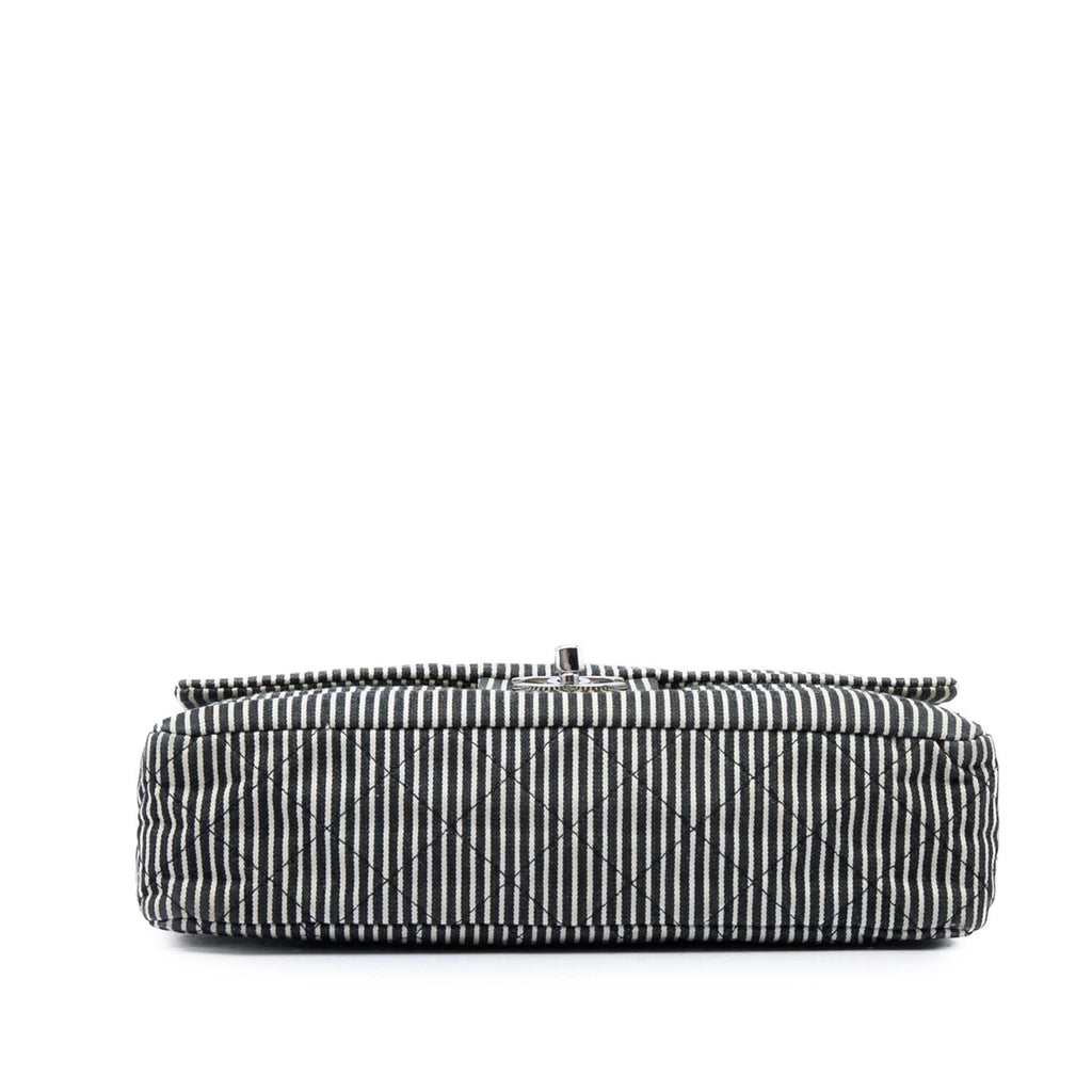 Chanel Medium Classic Canvas Stripes Double Flap Shoulder Bag - Black