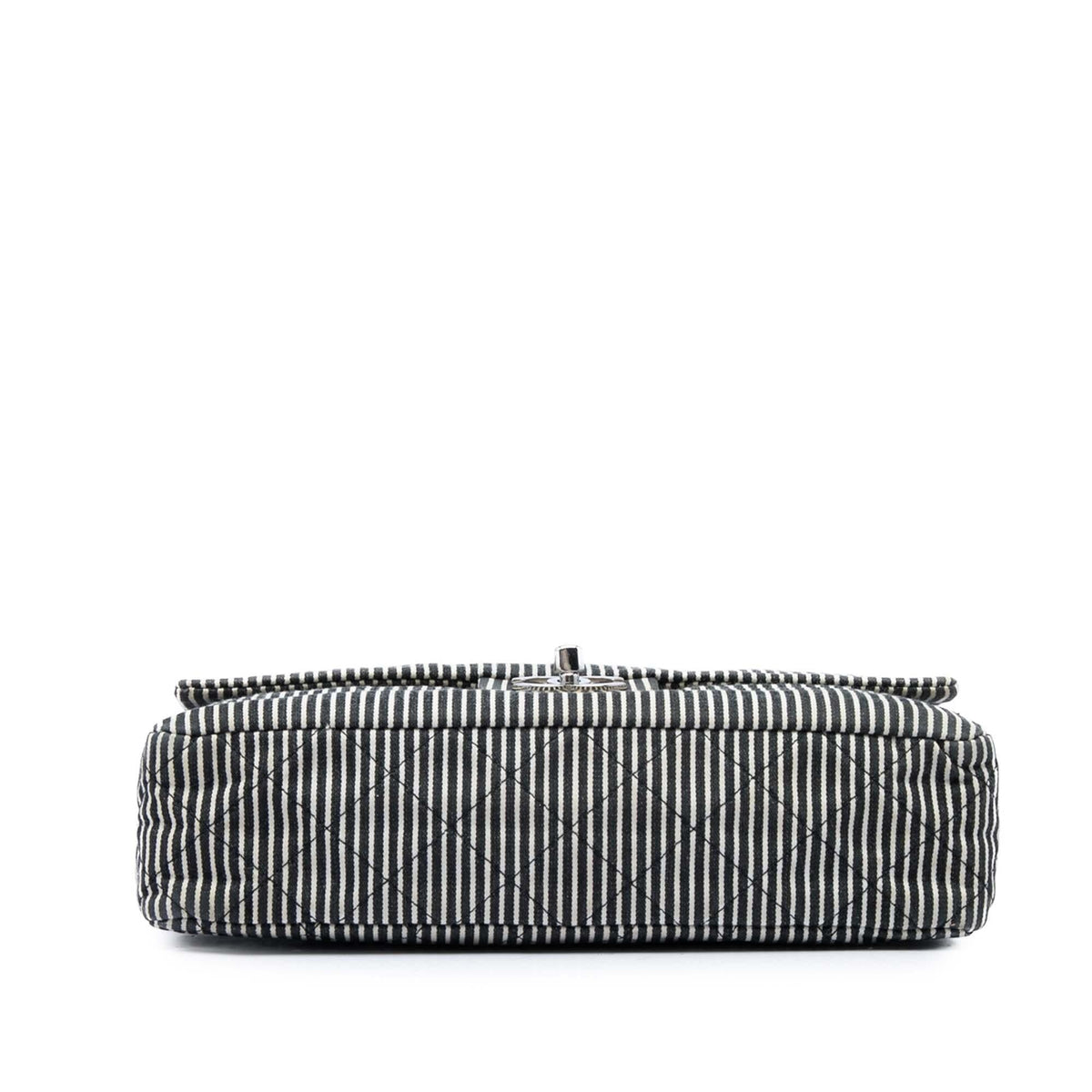 Chanel Medium Classic Canvas Stripes Double Flap Shoulder Bag - Black