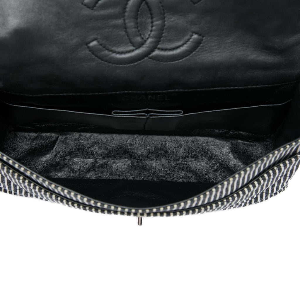 Chanel Medium Classic Canvas Stripes Double Flap Shoulder Bag - Black