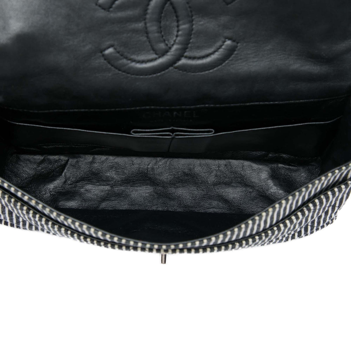 Chanel Medium Classic Canvas Stripes Double Flap Shoulder Bag - Black