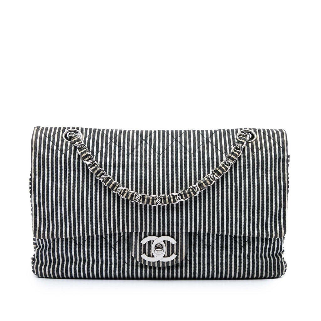 Chanel Medium Classic Canvas Stripes Double Flap Shoulder Bag - Black