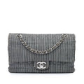 Chanel Medium Classic Canvas Stripes Double Flap Shoulder Bag - Black