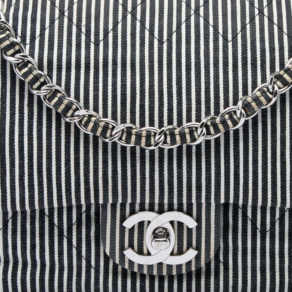 Chanel Medium Classic Canvas Stripes Double Flap Shoulder Bag - Black