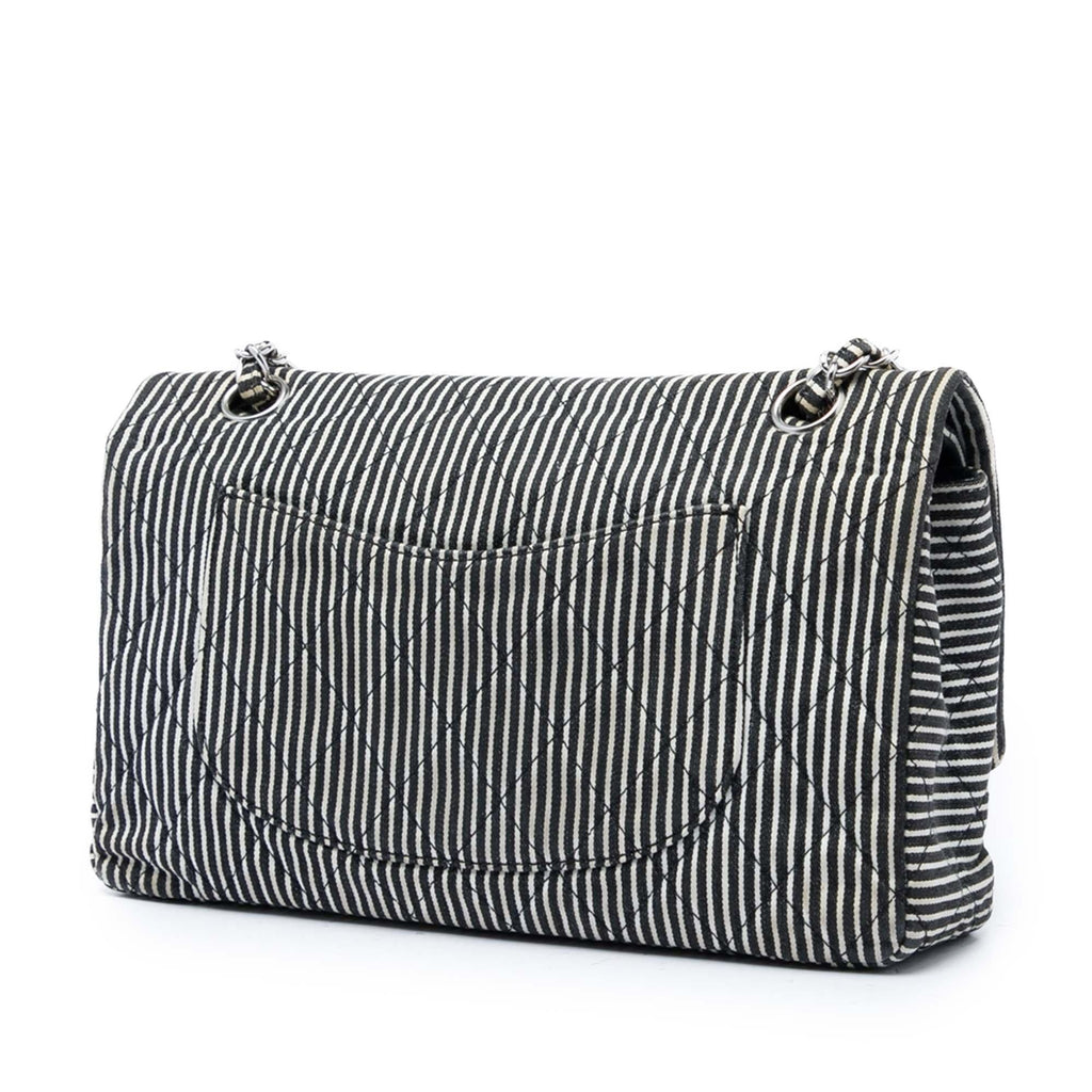 Chanel Medium Classic Canvas Stripes Double Flap Shoulder Bag - Black