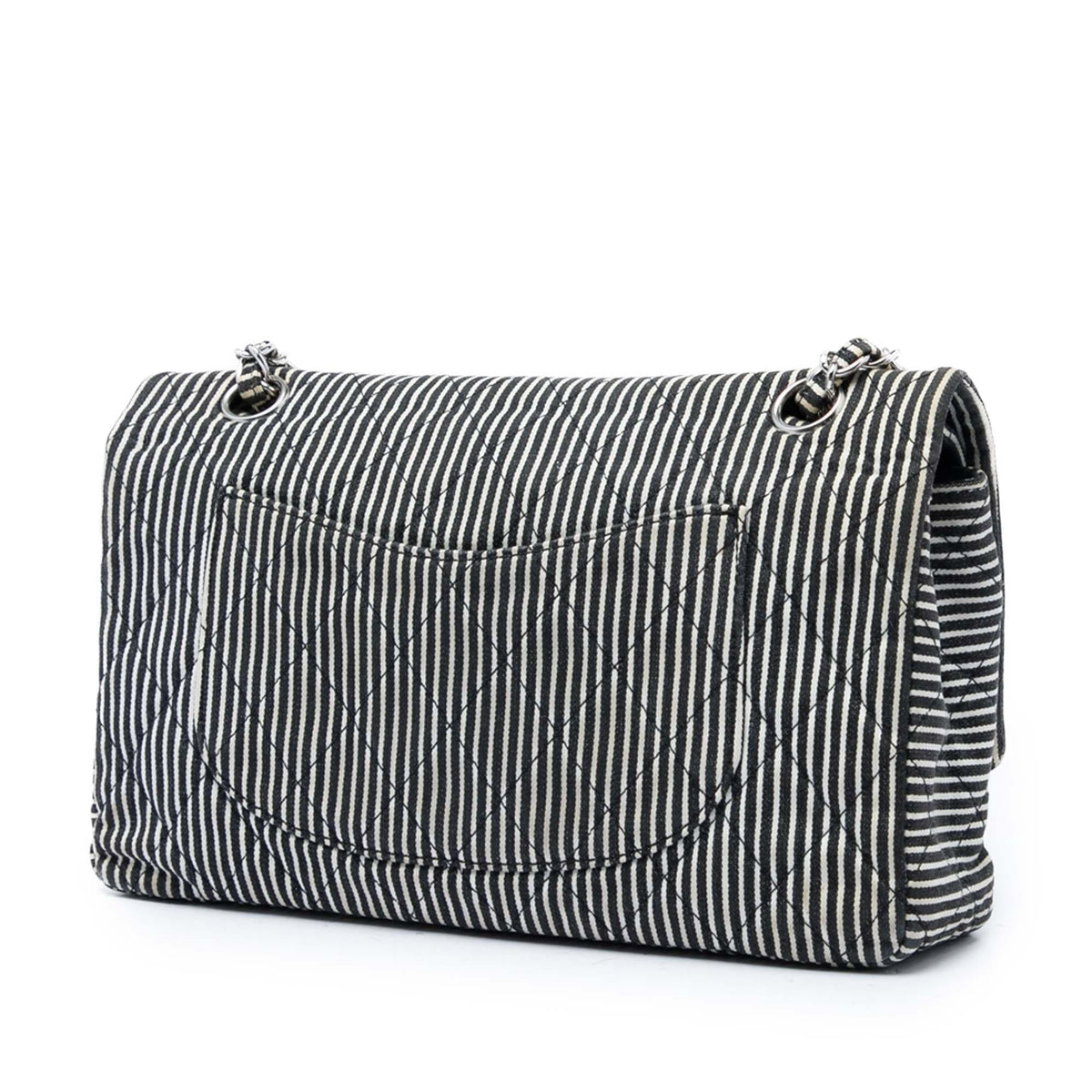 Chanel Medium Classic Canvas Stripes Double Flap Shoulder Bag - Black