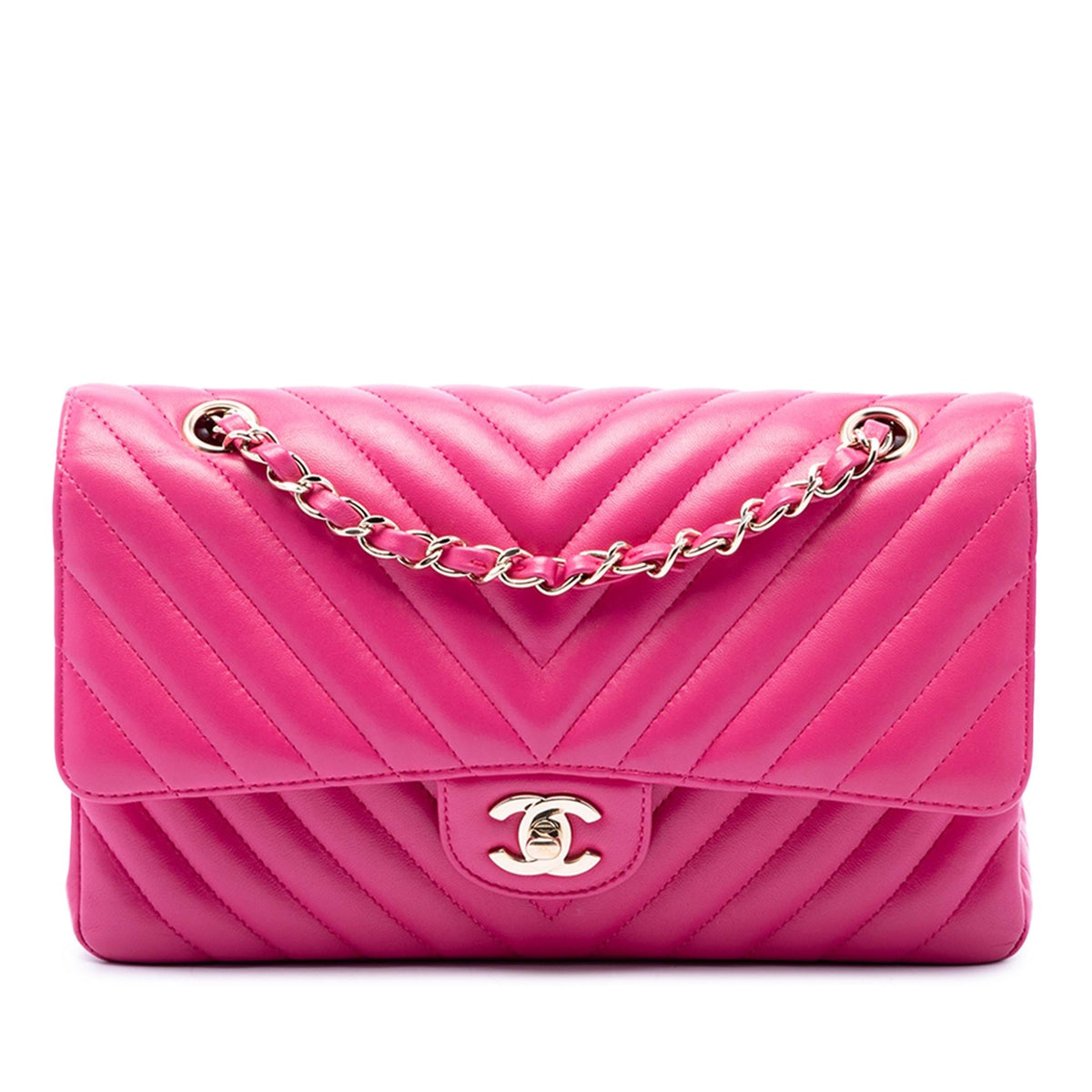 Chanel Medium Classic Chevron Lambskin Double Flap Shoulder Bag - Pink