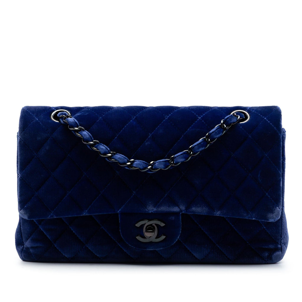 Chanel Medium Classic Velvet Double Flap Shoulder Bag - Blue