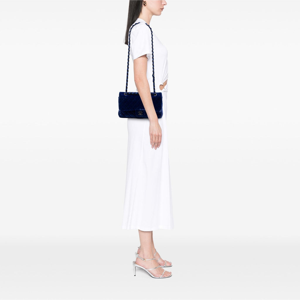Chanel Medium Classic Velvet Double Flap Shoulder Bag - Blue
