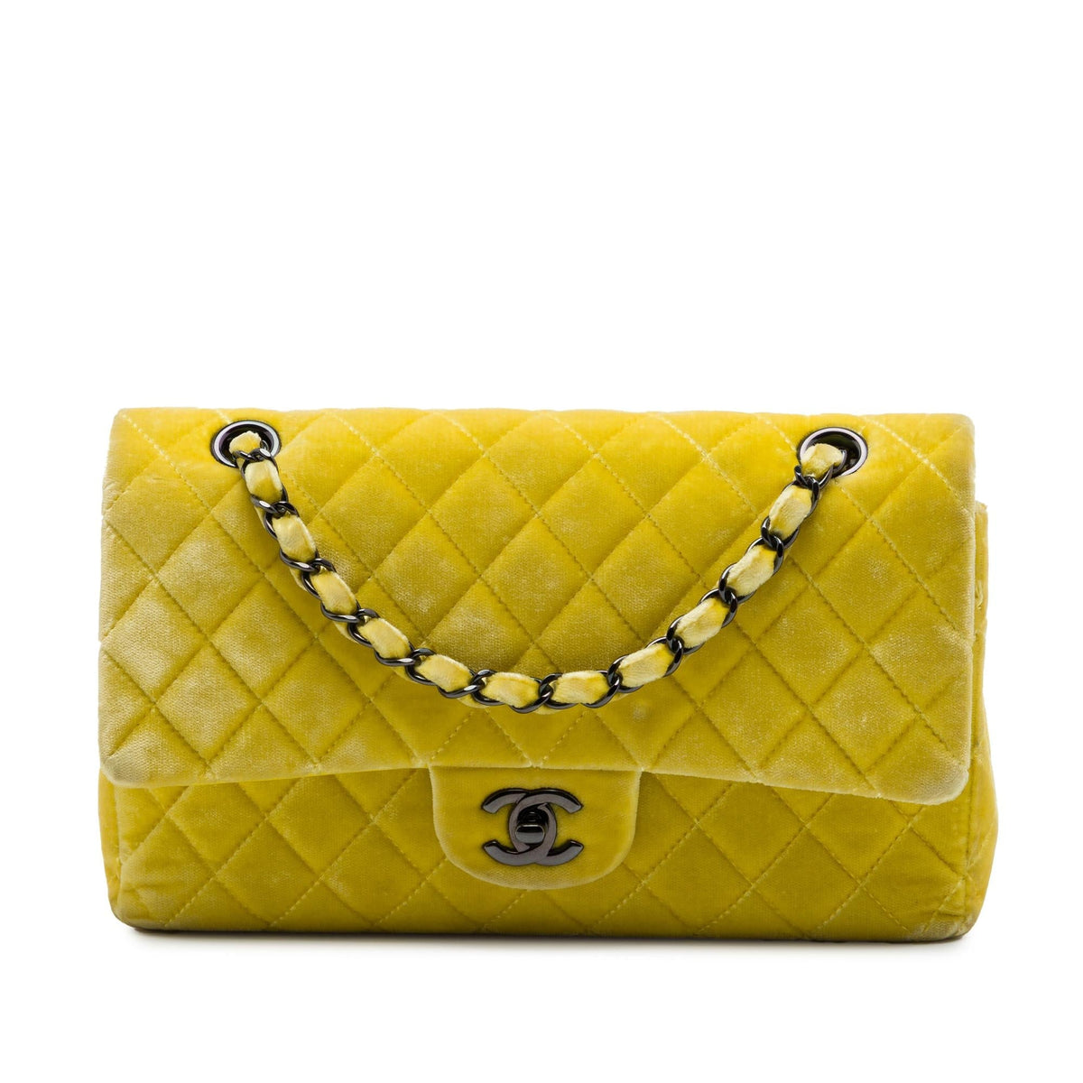 Chanel Medium Classic Velvet Double Flap Shoulder Bag - Yellow
