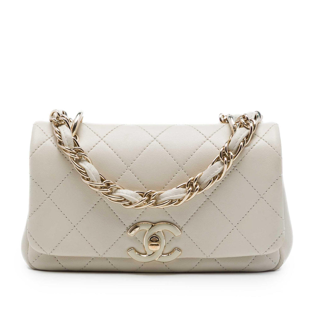 Chanel Medium Quilted Lambskin Twist Chain Enamel CC Flap Crossbody Bag - White