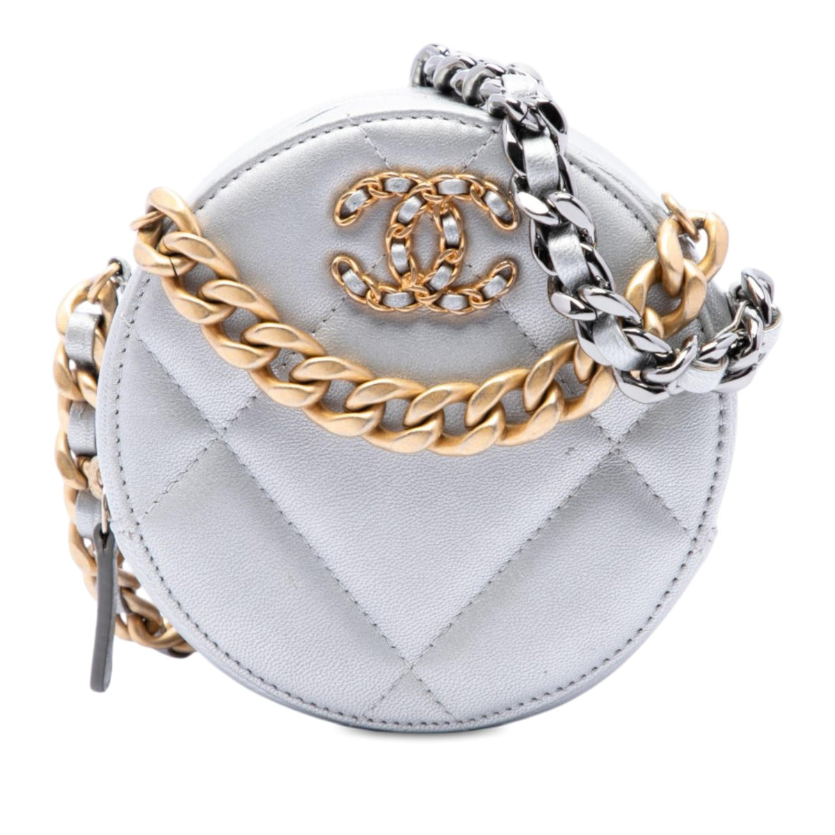 Chanel Metallic Lambskin 19 Round Clutch with Chain - Silver