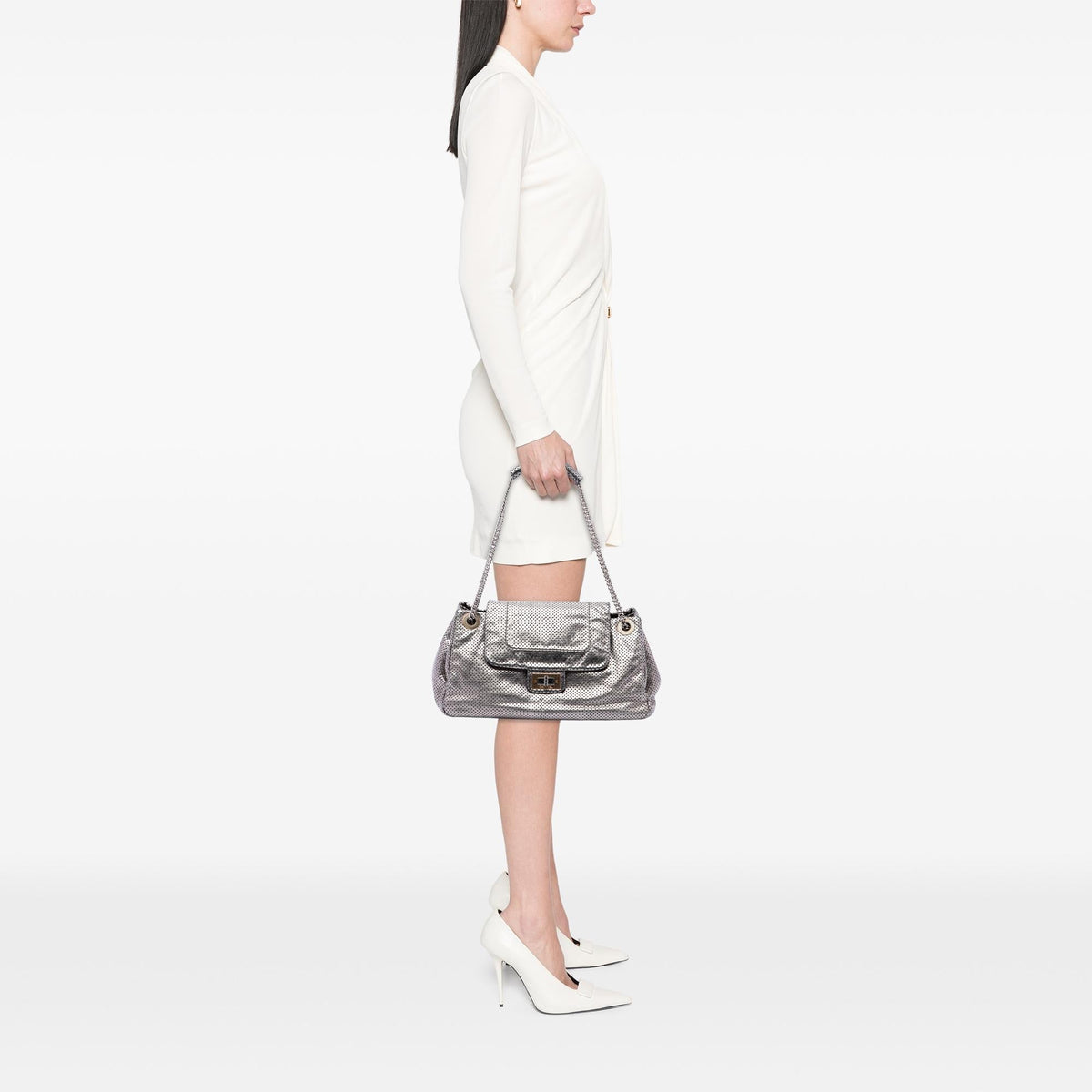 Chanel Metallic Perforated Calfskin Reissue 2.55 Drill Accordion Flap Shoulder Bag - Silver