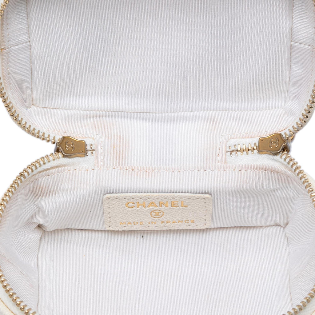 Chanel Mini Caviar Chain Zip Around Vanity Case Satchel - White