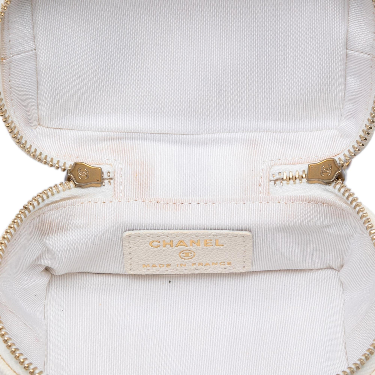 Chanel Mini Caviar Chain Zip Around Vanity Case Satchel - White