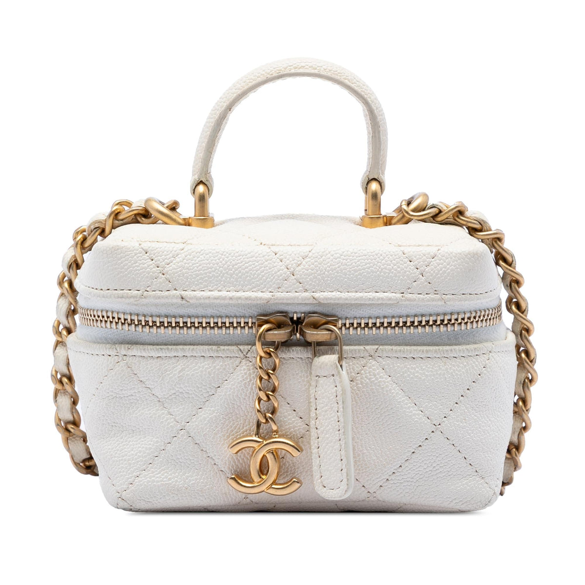 Chanel Mini Caviar Chain Zip Around Vanity Case Satchel - White