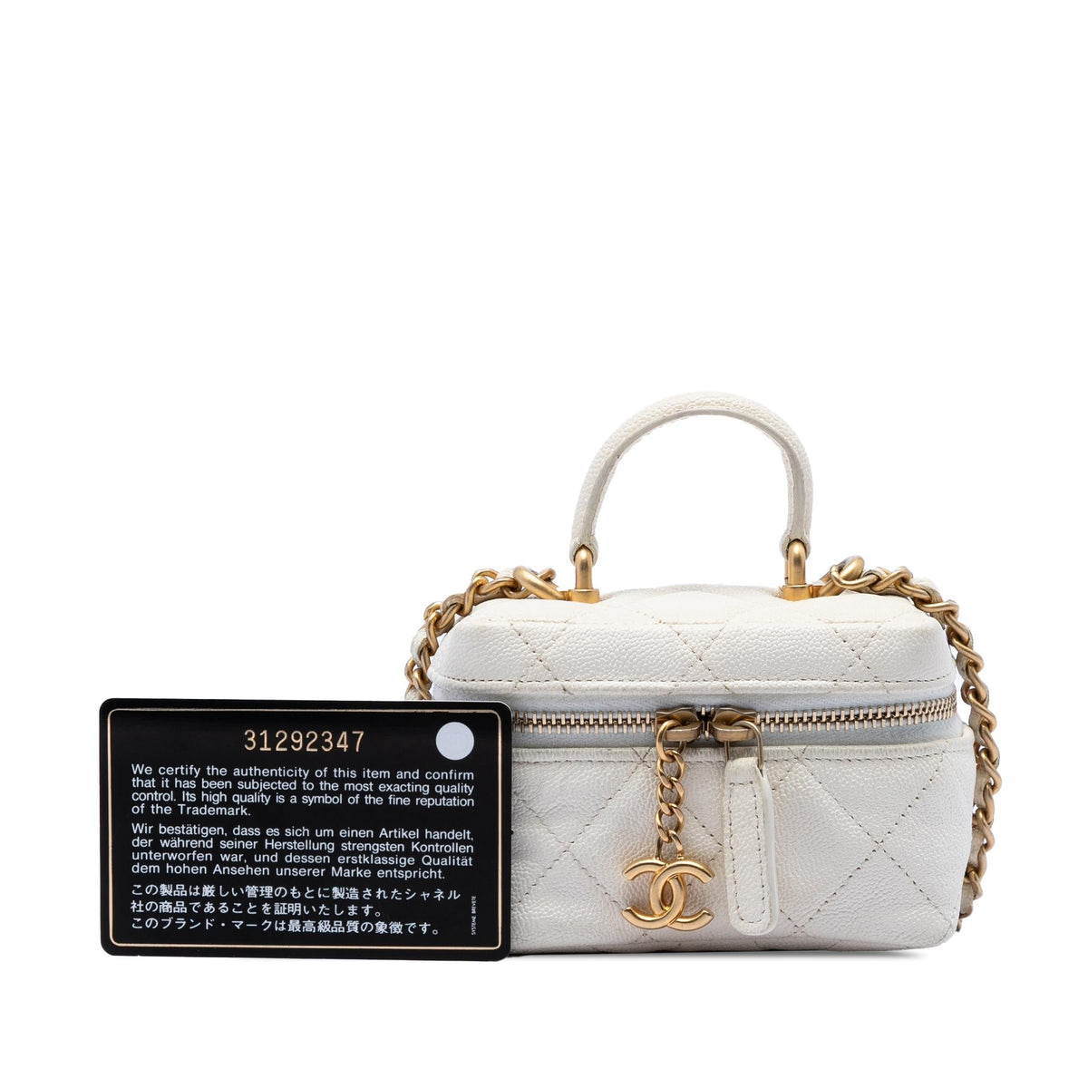 Chanel Mini Caviar Chain Zip Around Vanity Case Satchel - White