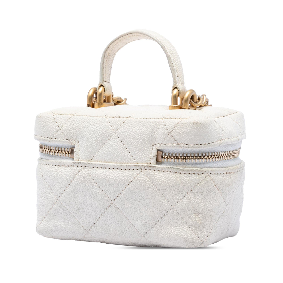 Chanel Mini Caviar Chain Zip Around Vanity Case Satchel - White