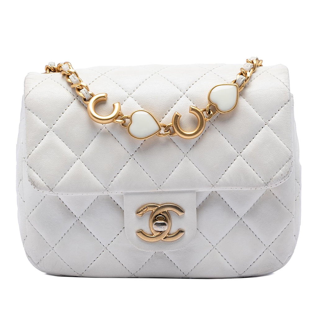 Chanel Mini Square Classic Lambskin Enamel Coco Hearts Single Flap Crossbody Bag - White