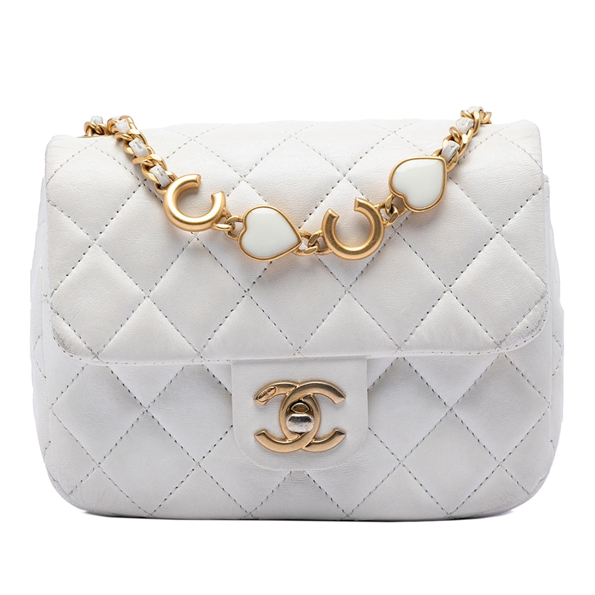 Chanel Mini Square Classic Lambskin Enamel Coco Hearts Single Flap Crossbody Bag - White