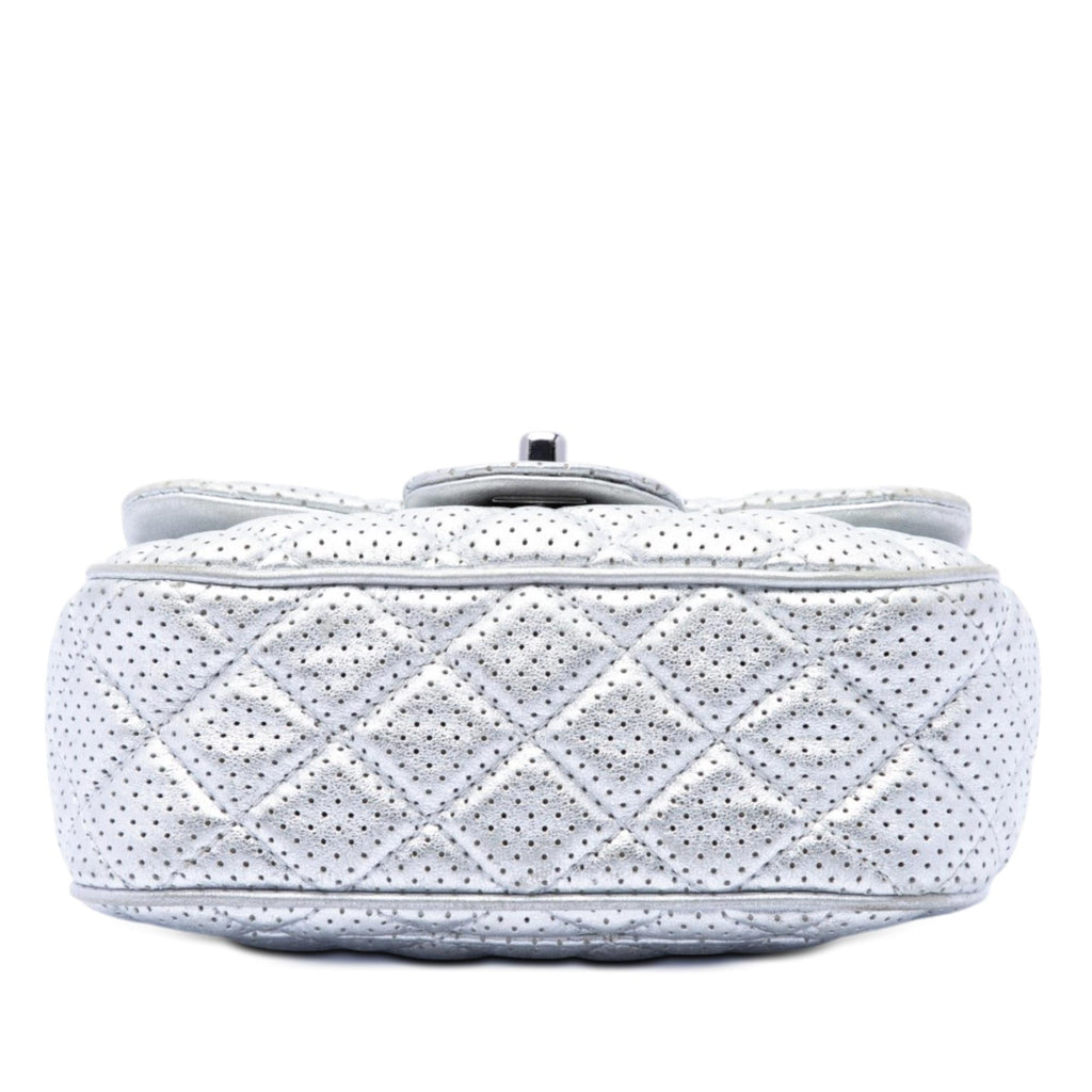 Chanel Mini Square Classic Perforated Lambskin Single Flap Crossbody Bag - Silver