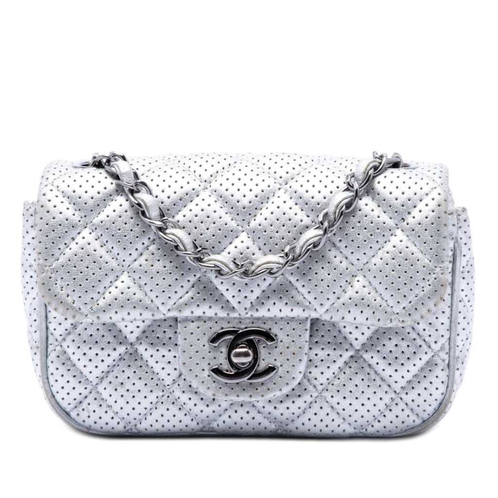 Chanel Mini Square Classic Perforated Lambskin Single Flap Crossbody Bag - Silver