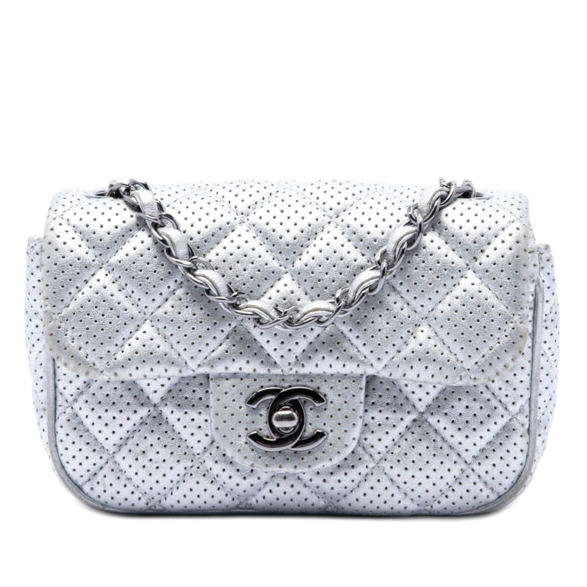 Chanel Mini Square Classic Perforated Lambskin Single Flap Crossbody Bag - Silver