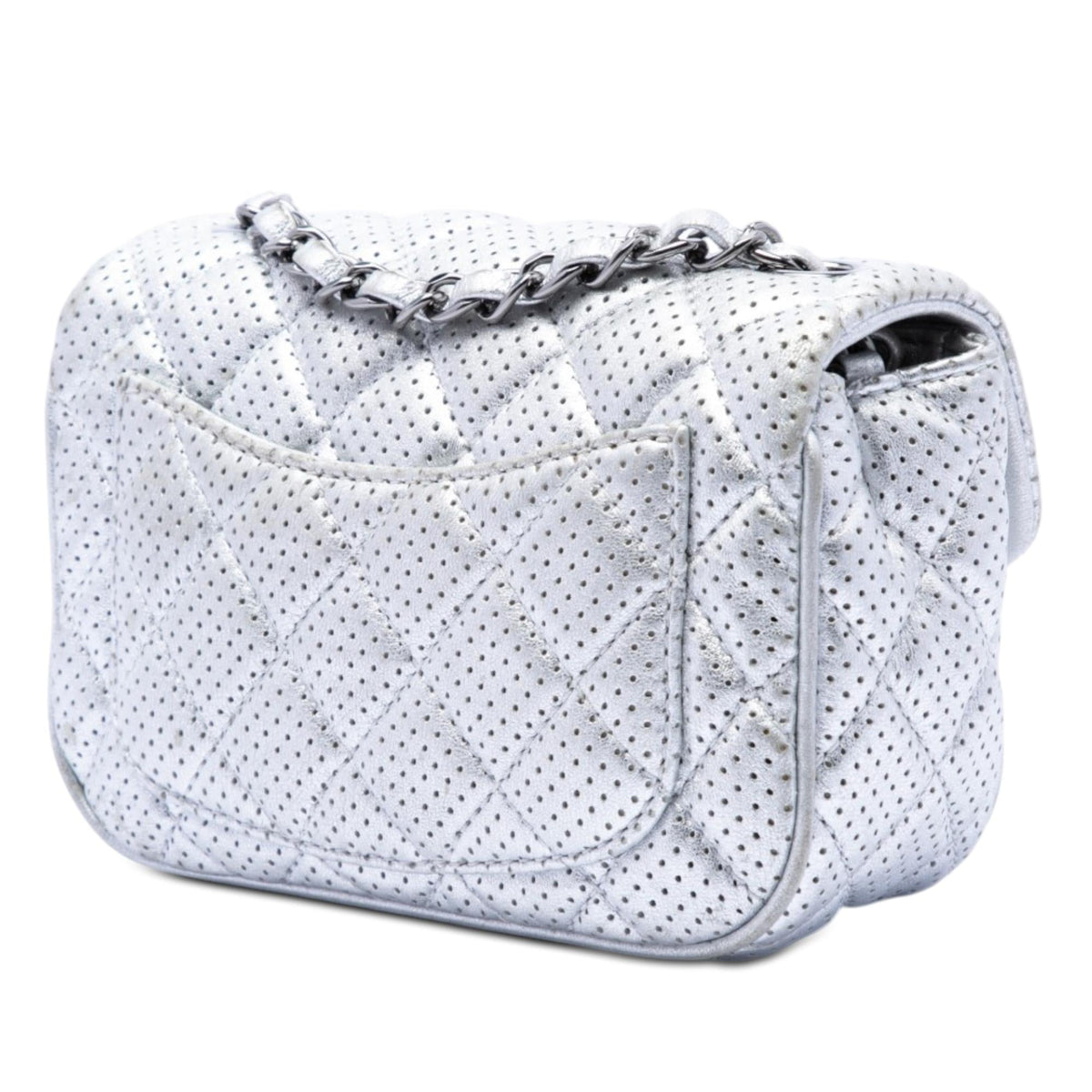 Chanel Mini Square Classic Perforated Lambskin Single Flap Crossbody Bag - Silver