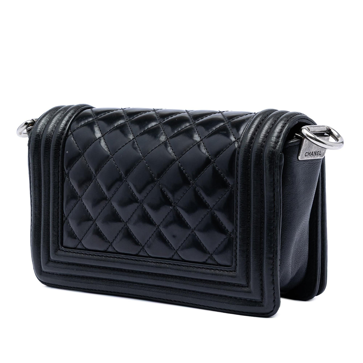 Chanel Paris Bombay Small Quilted Patent Medallion Embellished Boy Flap Satchel - Black