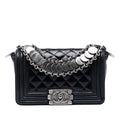 Chanel Paris Bombay Small Quilted Patent Medallion Embellished Boy Flap Satchel - Black