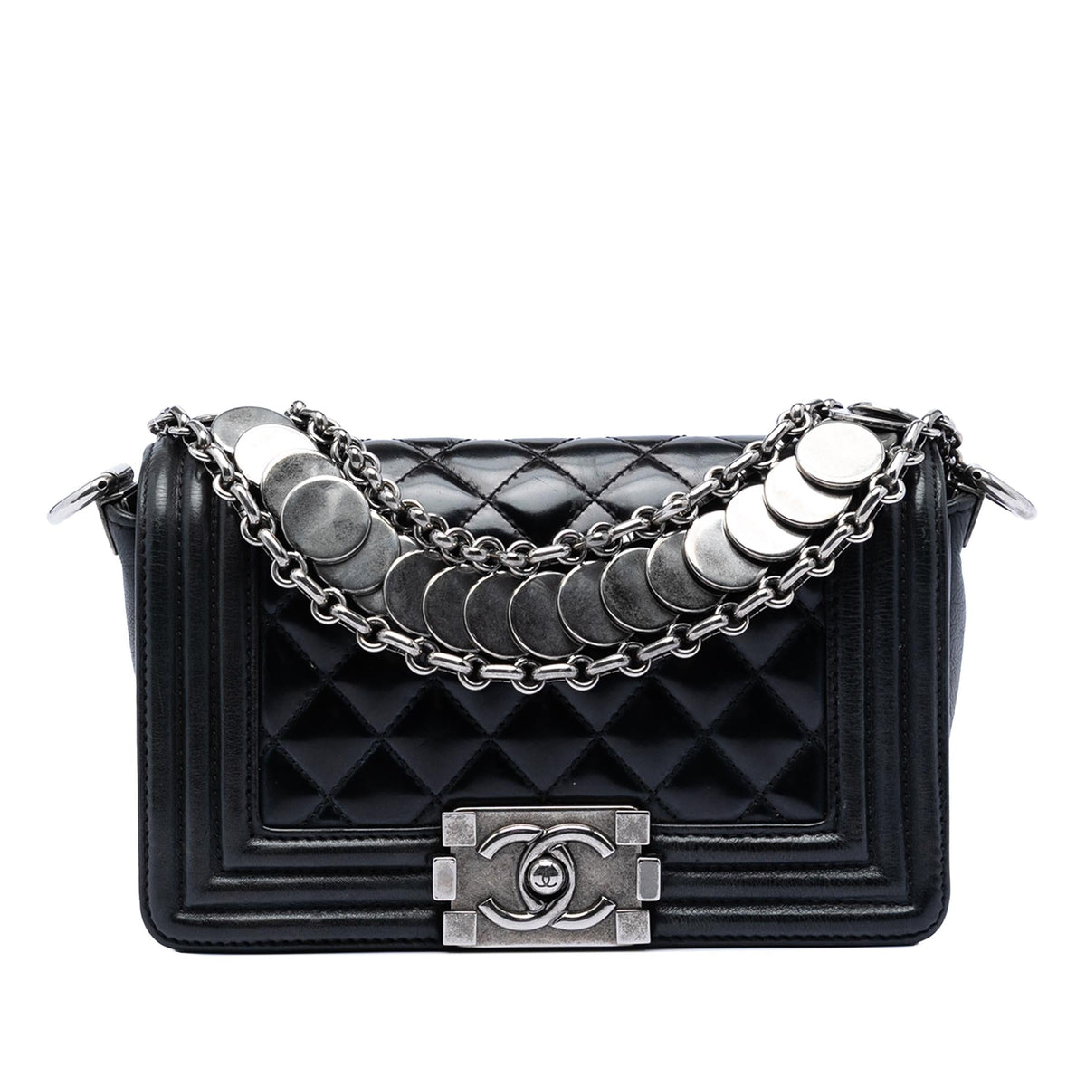 Chanel Paris Bombay Small Quilted Patent Medallion Embellished Boy Flap Satchel - Black