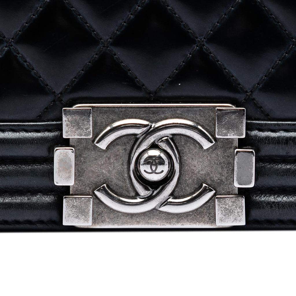 Chanel Paris Bombay Small Quilted Patent Medallion Embellished Boy Flap Satchel - Black