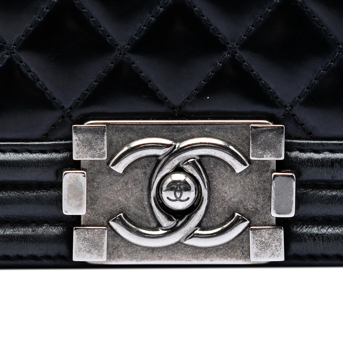 Chanel Paris Bombay Small Quilted Patent Medallion Embellished Boy Flap Satchel - Black