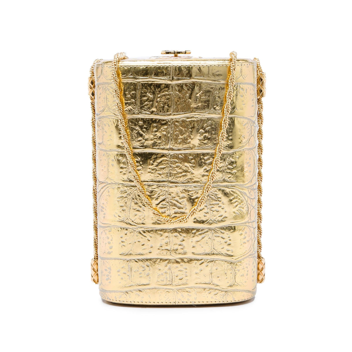 Chanel Paris New York CC Croc Embossed Metallic Calfskin Box Minaudiere Bag - Gold