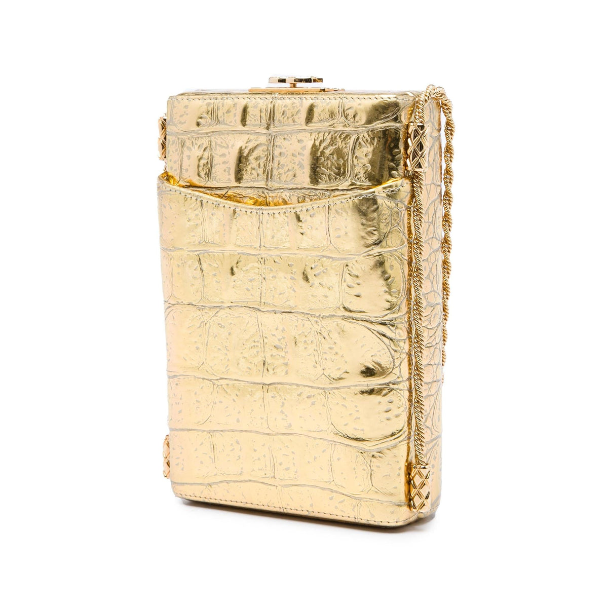 Chanel Paris New York CC Croc Embossed Metallic Calfskin Box Minaudiere Bag - Gold