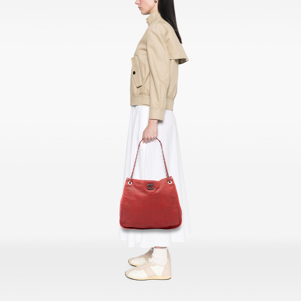 Chanel Perforated Calfskin Up In The Air Tote Bag - Red