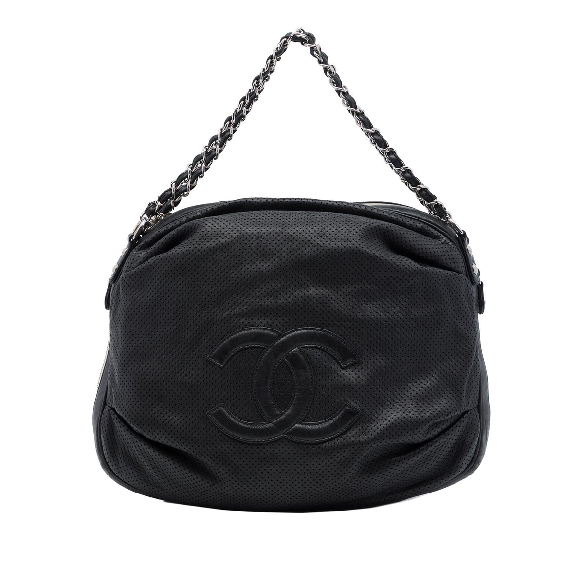 Chanel Perforated Lambskin Baseball Spirit Ligne Hobo - Black
