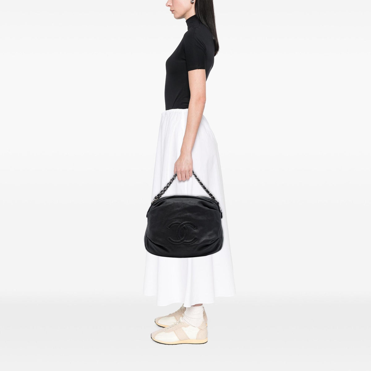Chanel Perforated Lambskin Baseball Spirit Ligne Hobo - Black