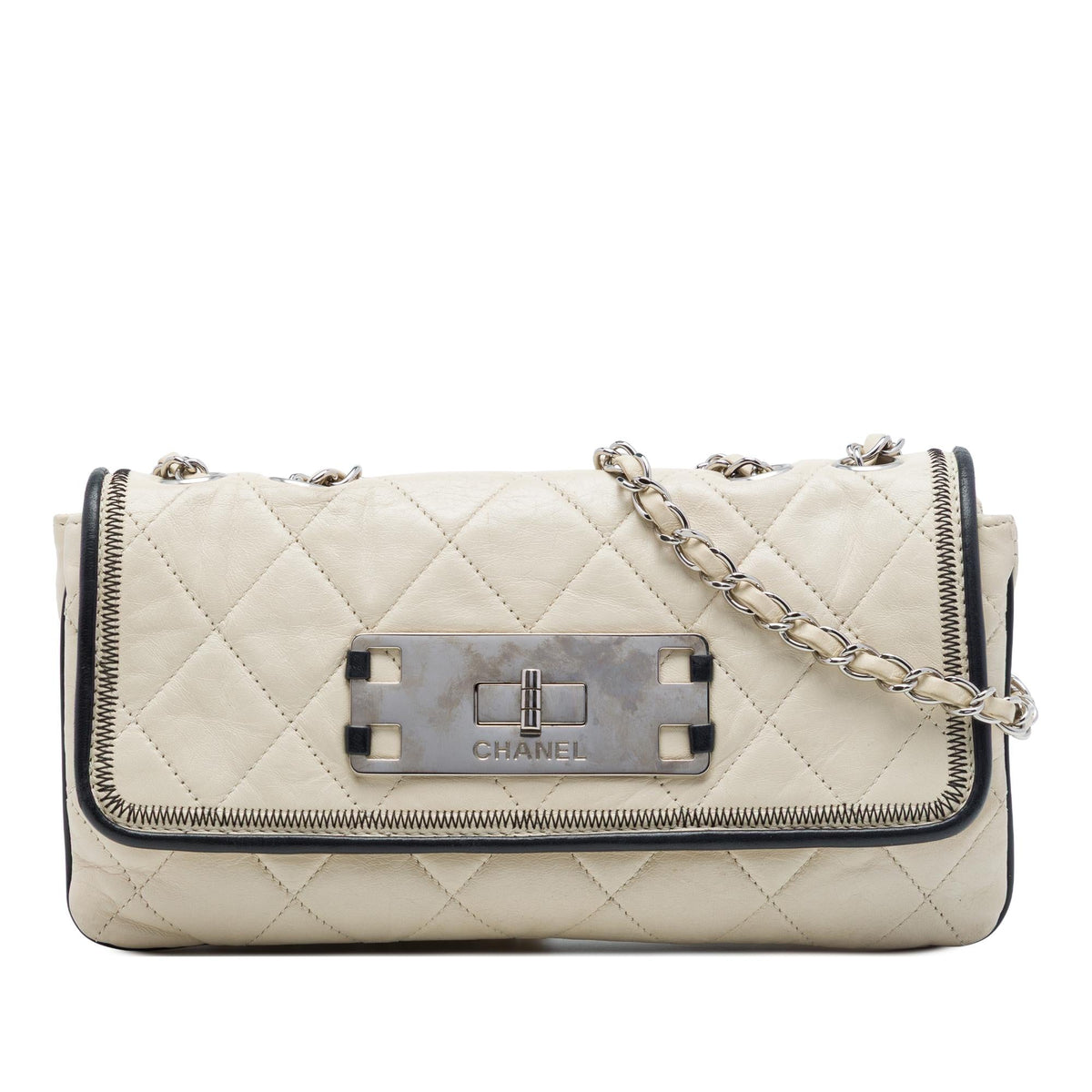 Chanel Quilted Aged Lambskin Reissue 2.55 East West Flap Shoulder Bag - White