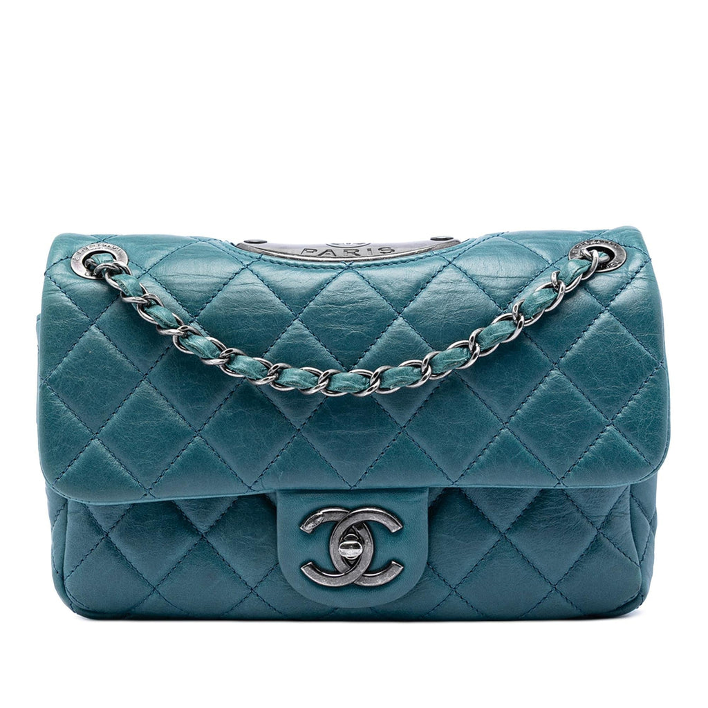 Chanel Quilted Calfskin Plaque Double Flap Shoulder Bag - Blue